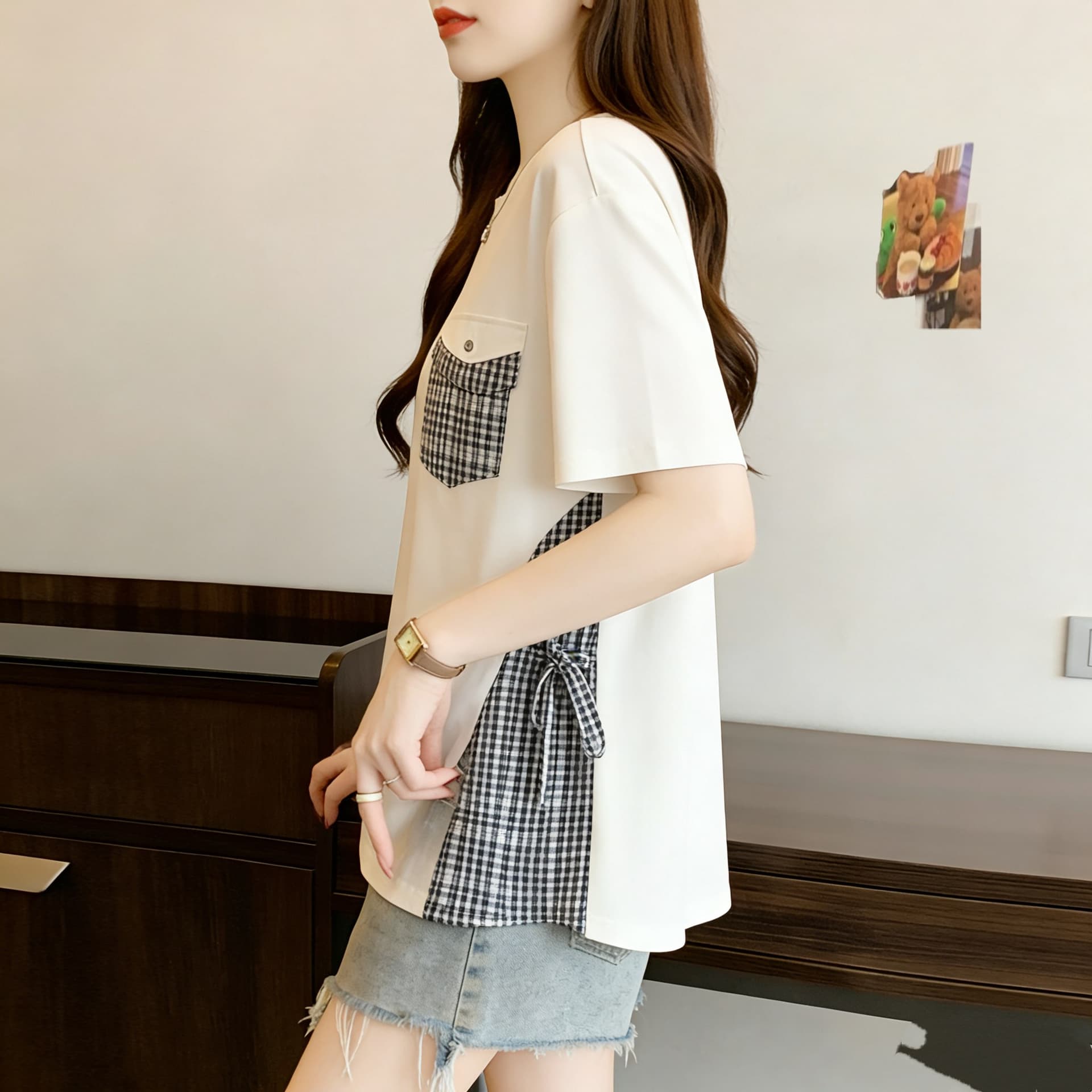 빅 사이즈 지방 mm 페이크 레이어드 반팔 티셔츠 여성 2026 새로운 여름 레이스업 체크무늬 패치워크 맨위 여성 상세 이미지 4