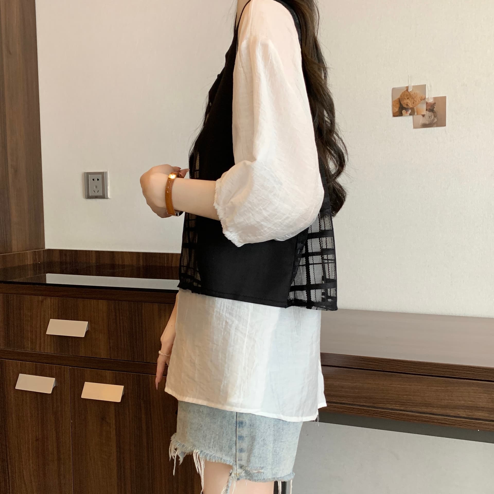 빅 사이즈 배색 페이크 레이어드 5 점 소매 여성 셔츠 여름 2026 새로운 루즈핏 망사 체크무늬 패치워크 맨위 트렌디 상세 이미지 7