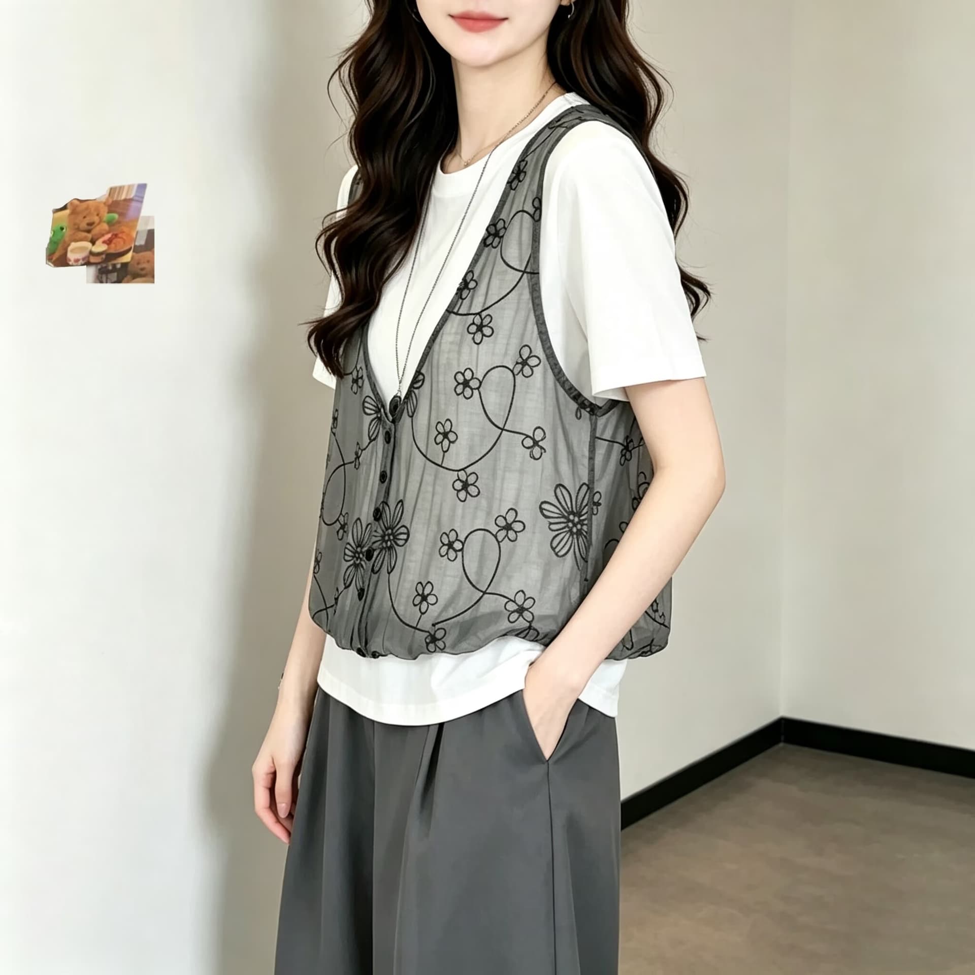 2026 새로운 페이크 레이어드 망사 패치워크 반팔 티셔츠 여성 2026 여름 새로운 캐주얼 다용도 맨위 이미지 5