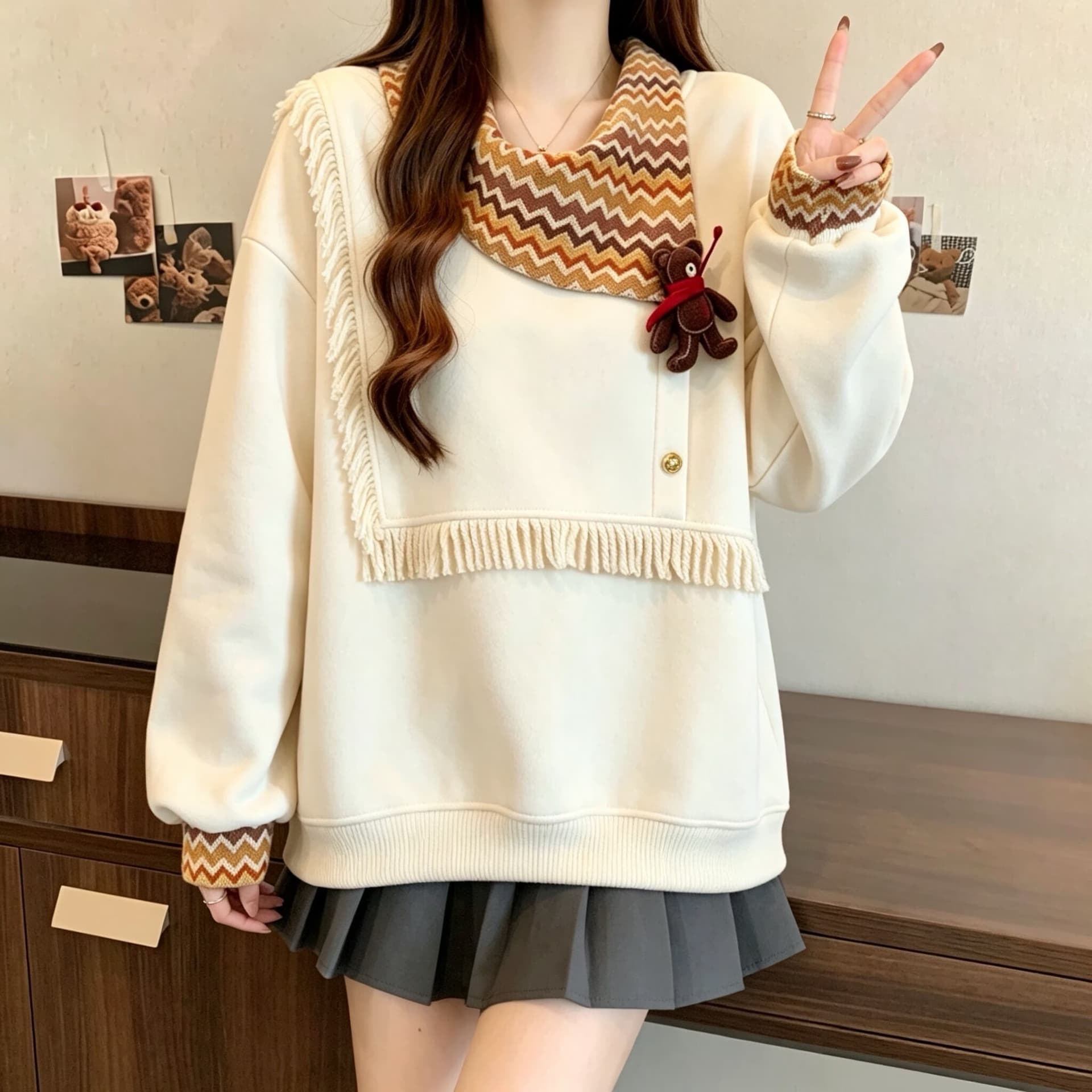 빅 사이즈 빛 달콤한 바람 직물 꽃무늬 스카프 칼라 우유 화이트 후드티 여성 가을 느긋한 센스 줄무늬 레이스 장식 재킷 이미지 4