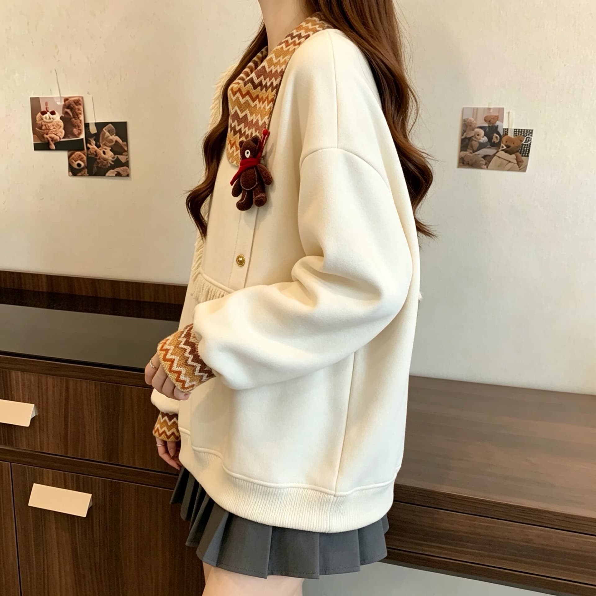 빅 사이즈 빛 달콤한 바람 직물 꽃무늬 스카프 칼라 우유 화이트 후드티 여성 가을 느긋한 센스 줄무늬 레이스 장식 재킷 이미지 5