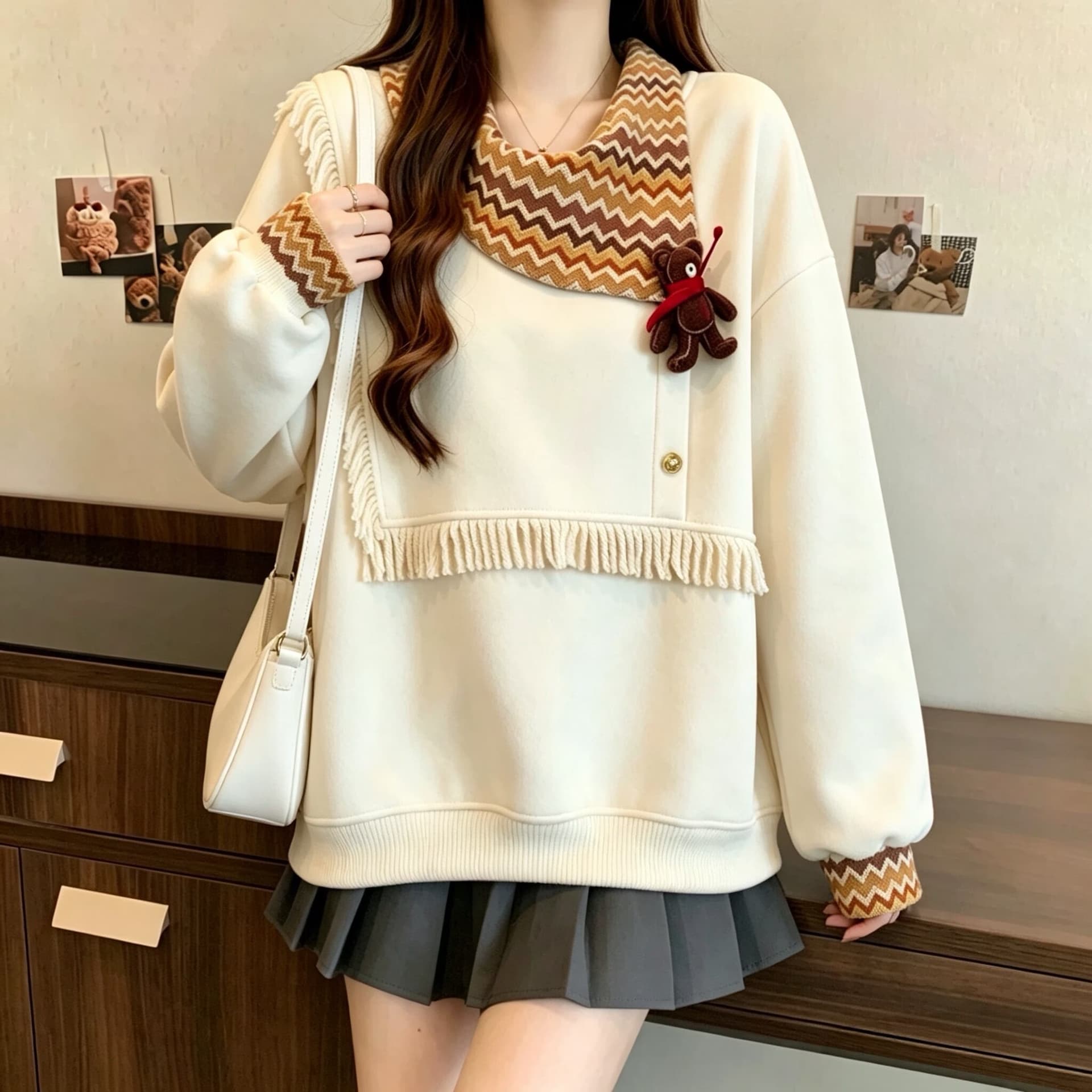 빅 사이즈 빛 달콤한 바람 직물 꽃무늬 스카프 칼라 우유 화이트 후드티 여성 가을 느긋한 센스 줄무늬 레이스 장식 재킷 이미지 3