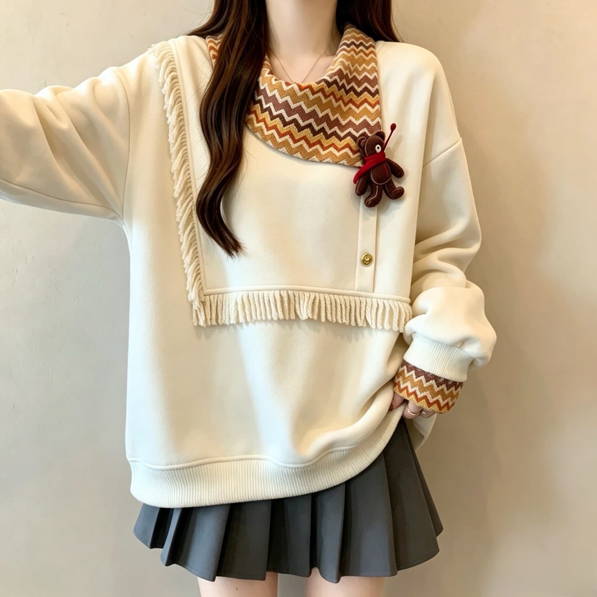 빅 사이즈 빛 달콤한 바람 직물 꽃무늬 스카프 칼라 우유 화이트 후드티 여성 가을 느긋한 센스 줄무늬 레이스 장식 재킷 상세 이미지 3