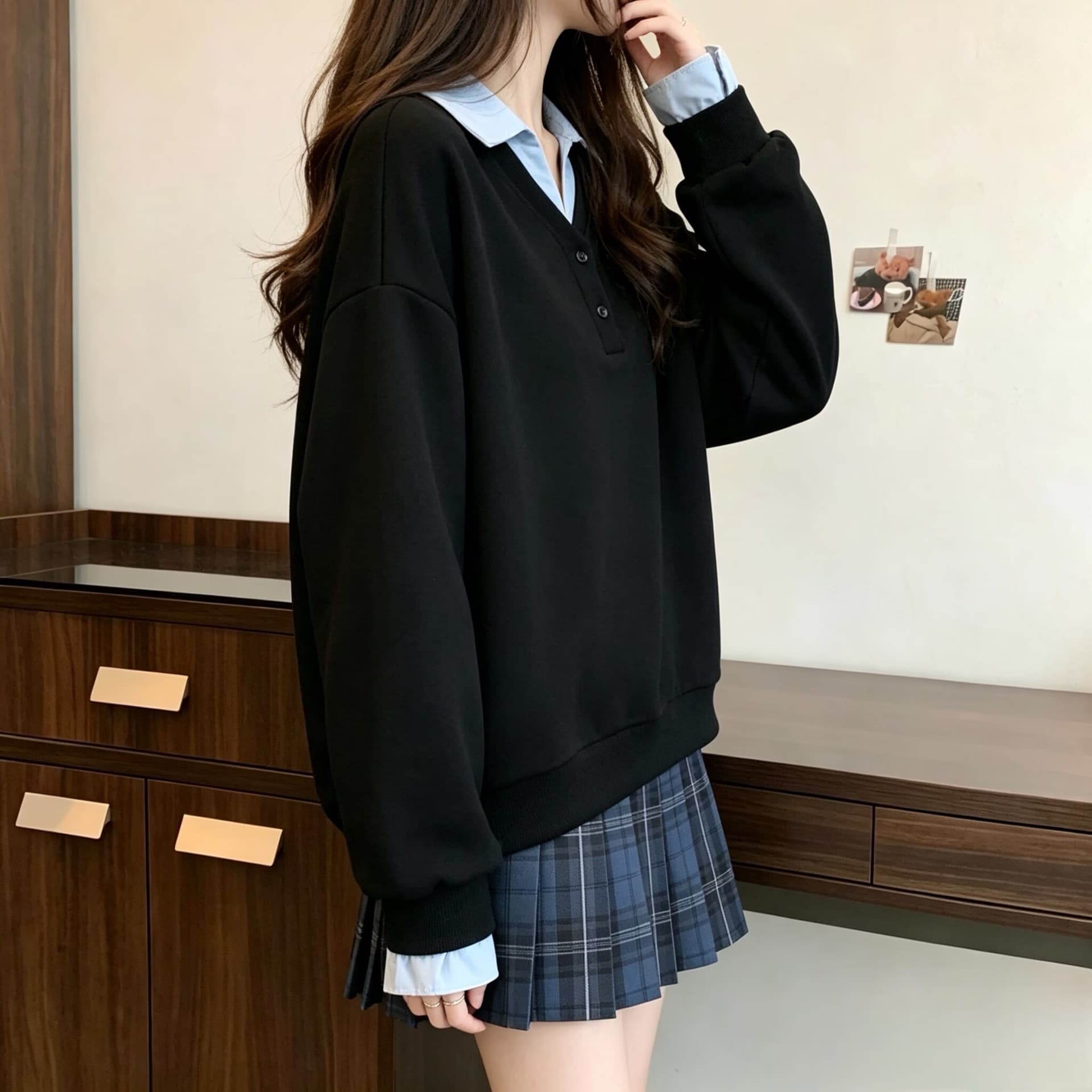 빅 사이즈 페이크 레이어드 폴로 칼라 후드티 여성 봄 가을 2026 새로운 루즈핏 셔츠 칼라 패치워크 없음 모자 풀오버 맨위 이미지 5