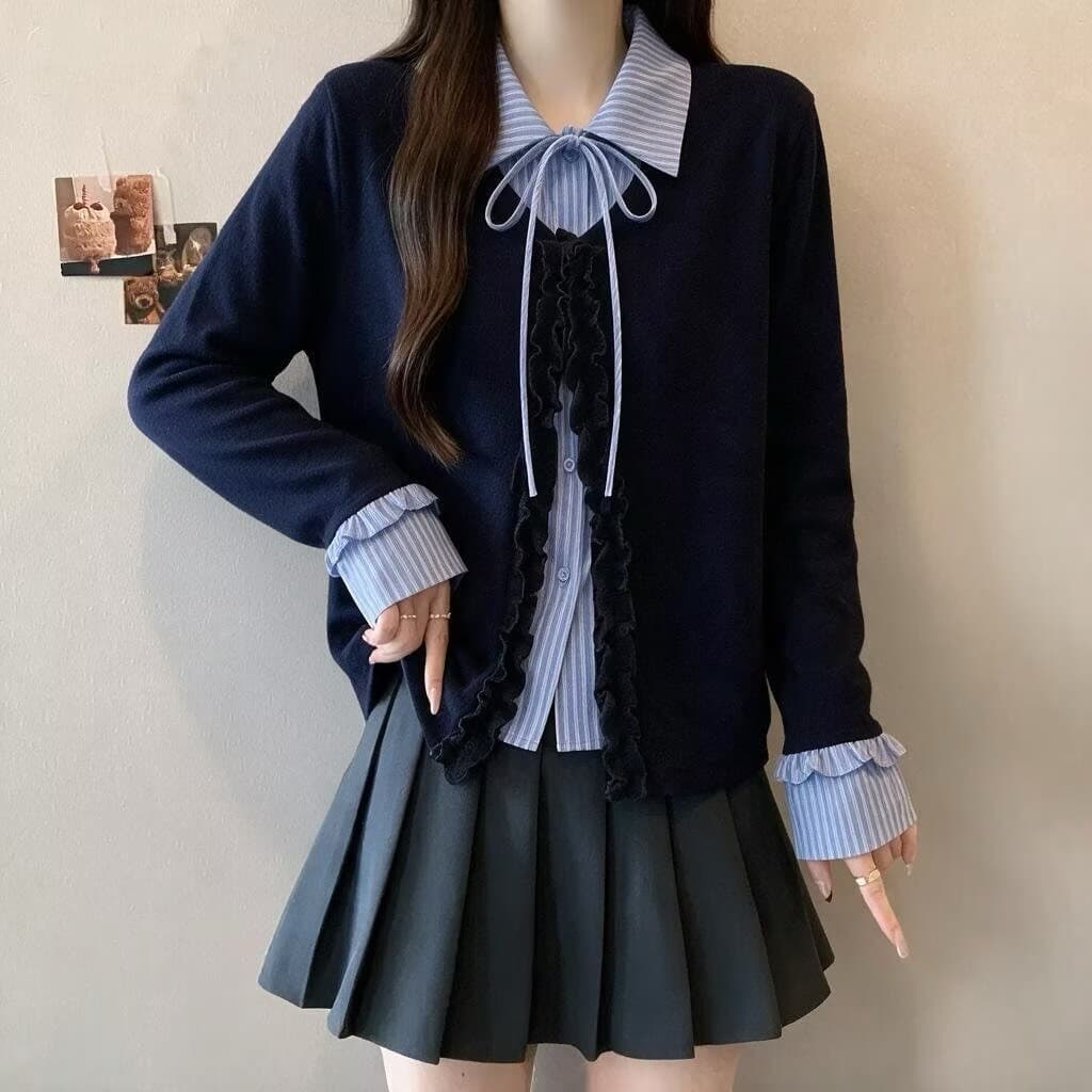 페이크 레이어드 스트라이프 긴팔 티셔츠 여성 이른 가을 새로운 빅 사이즈 마이크로 지방 mm 폴로 칼라 프릴 슬림해 보이는 표지 배 맨위 이미지 3