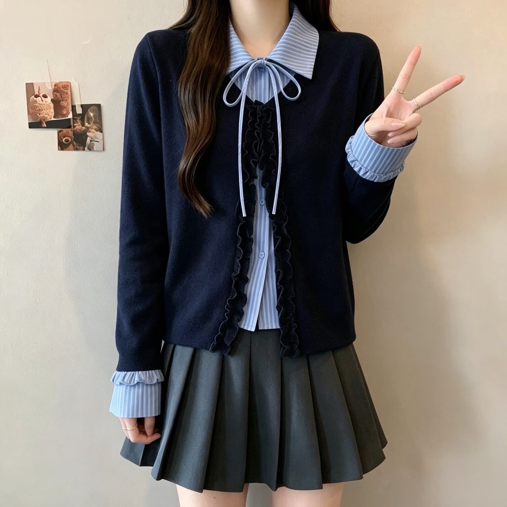 페이크 레이어드 스트라이프 긴팔 티셔츠 여성 이른 가을 새로운 빅 사이즈 마이크로 지방 mm 폴로 칼라 프릴 슬림해 보이는 표지 배 맨위 상세 이미지 6