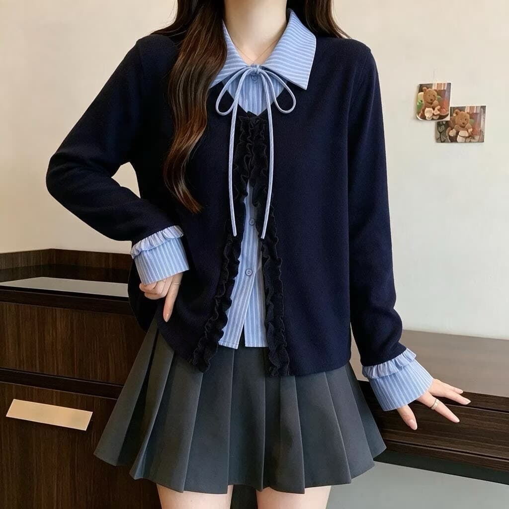페이크 레이어드 스트라이프 긴팔 티셔츠 여성 이른 가을 새로운 빅 사이즈 마이크로 지방 mm 폴로 칼라 프릴 슬림해 보이는 표지 배 맨위 상세 이미지 8