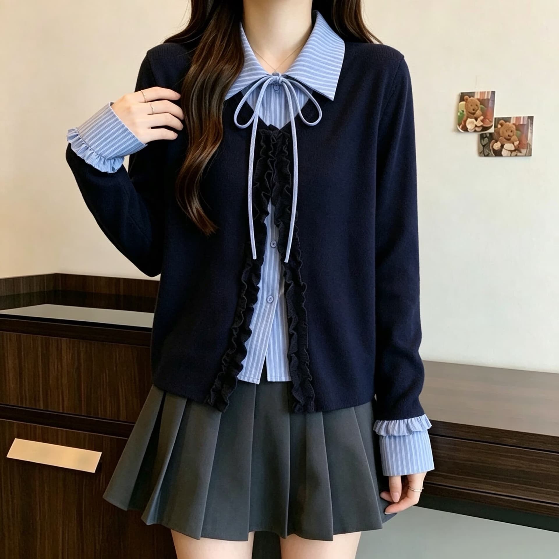 페이크 레이어드 스트라이프 긴팔 티셔츠 여성 이른 가을 새로운 빅 사이즈 마이크로 지방 mm 폴로 칼라 프릴 슬림해 보이는 표지 배 맨위 상세 이미지 9