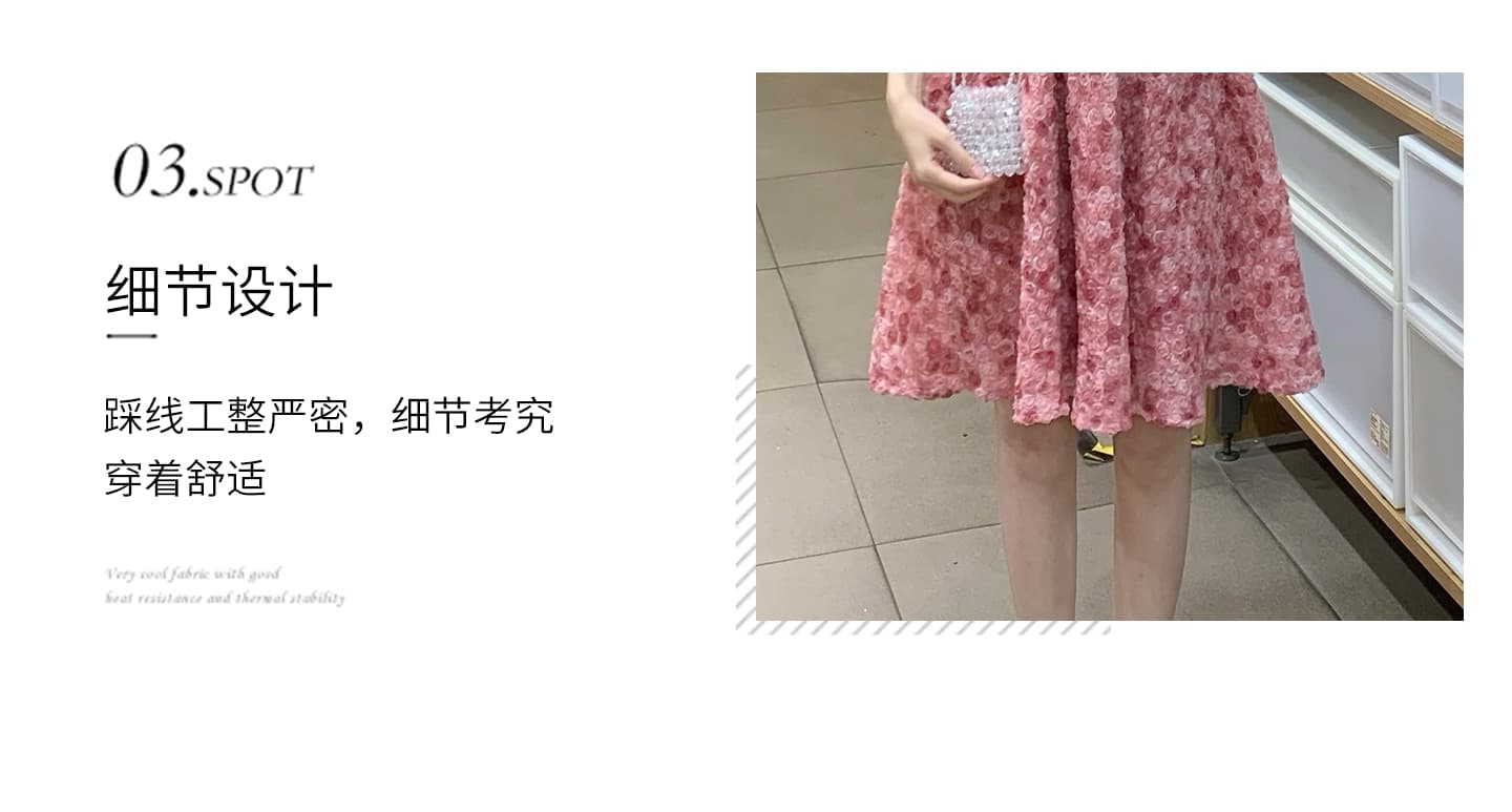 여성 드레스 여름 디자인 센스 장미 광장 칼라 부드러운 바람 프랑스식 허리 수축 핑크색 요정 중간 길이 스커트 상세 이미지 7