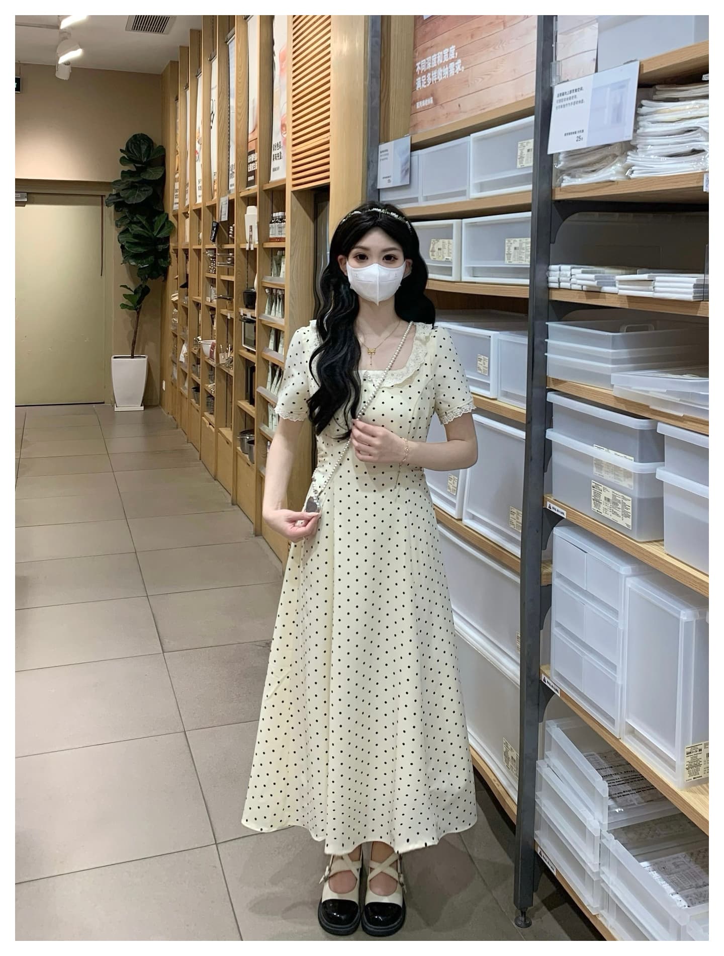 크림 도트 무늬 프랑스식 도트 무늬 반팔 여성 드레스 봄 새로운 허리 수축 슬림해 보이는 길다 치마 상세 이미지 14