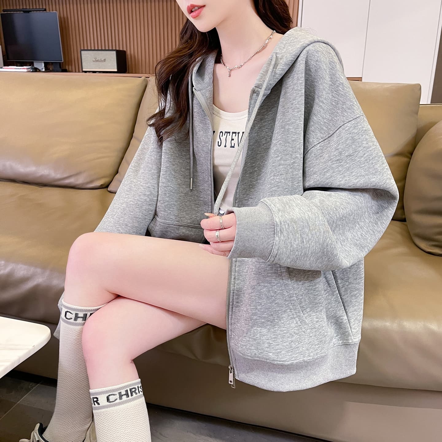 실사 양면 면 지퍼 후드 티 스웨터 여성 조기 가을 새로운 루즈핏 회색 캐주얼 단색 카디건 코트 이미지 3