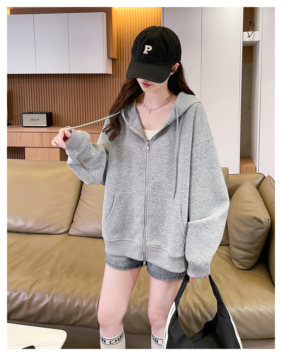 실사 양면 면 지퍼 후드 티 스웨터 여성 조기 가을 새로운 루즈핏 회색 캐주얼 단색 카디건 코트 상세 이미지 11