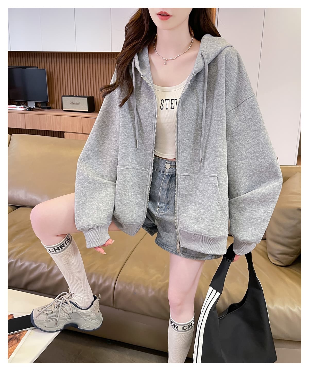실사 양면 면 지퍼 후드 티 스웨터 여성 조기 가을 새로운 루즈핏 회색 캐주얼 단색 카디건 코트 상세 이미지 12