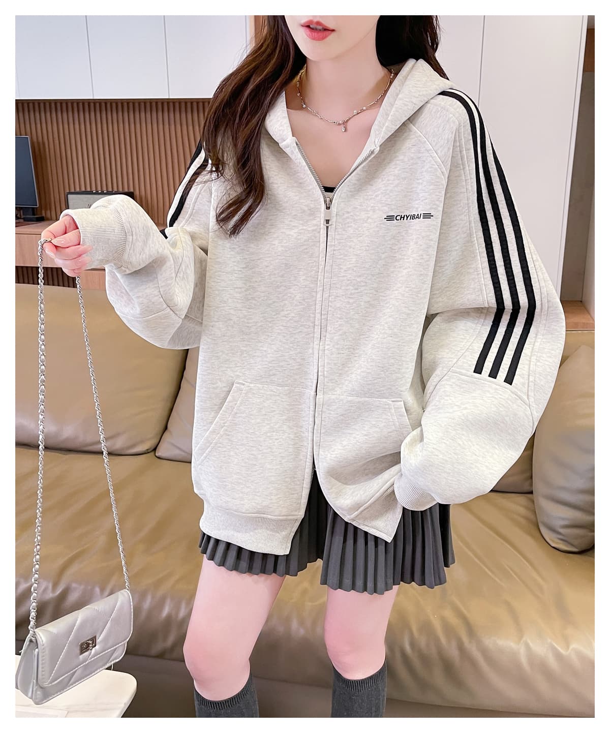 진짜 꽃 회색 후드 오픈 가디건 지퍼 후드티 여성 조기 가을 루즈핏 느긋한 바람 클래식 3개 바 재킷 상세 이미지 11