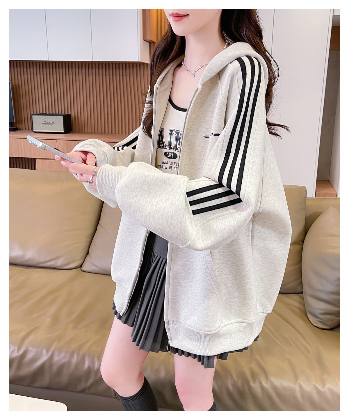 진짜 꽃 회색 후드 오픈 가디건 지퍼 후드티 여성 조기 가을 루즈핏 느긋한 바람 클래식 3개 바 재킷 상세 이미지 13