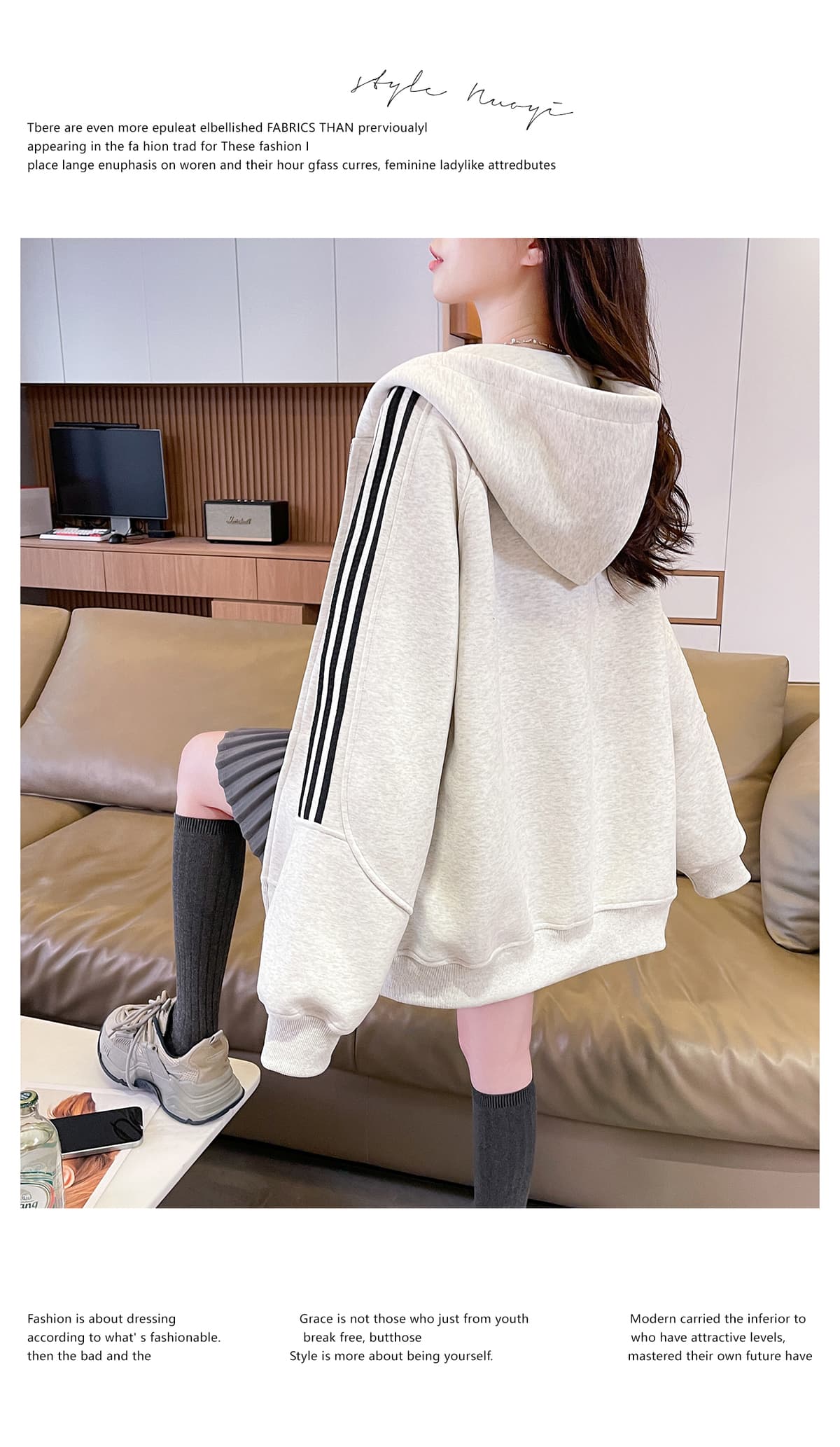 진짜 꽃 회색 후드 오픈 가디건 지퍼 후드티 여성 조기 가을 루즈핏 느긋한 바람 클래식 3개 바 재킷 상세 이미지 15