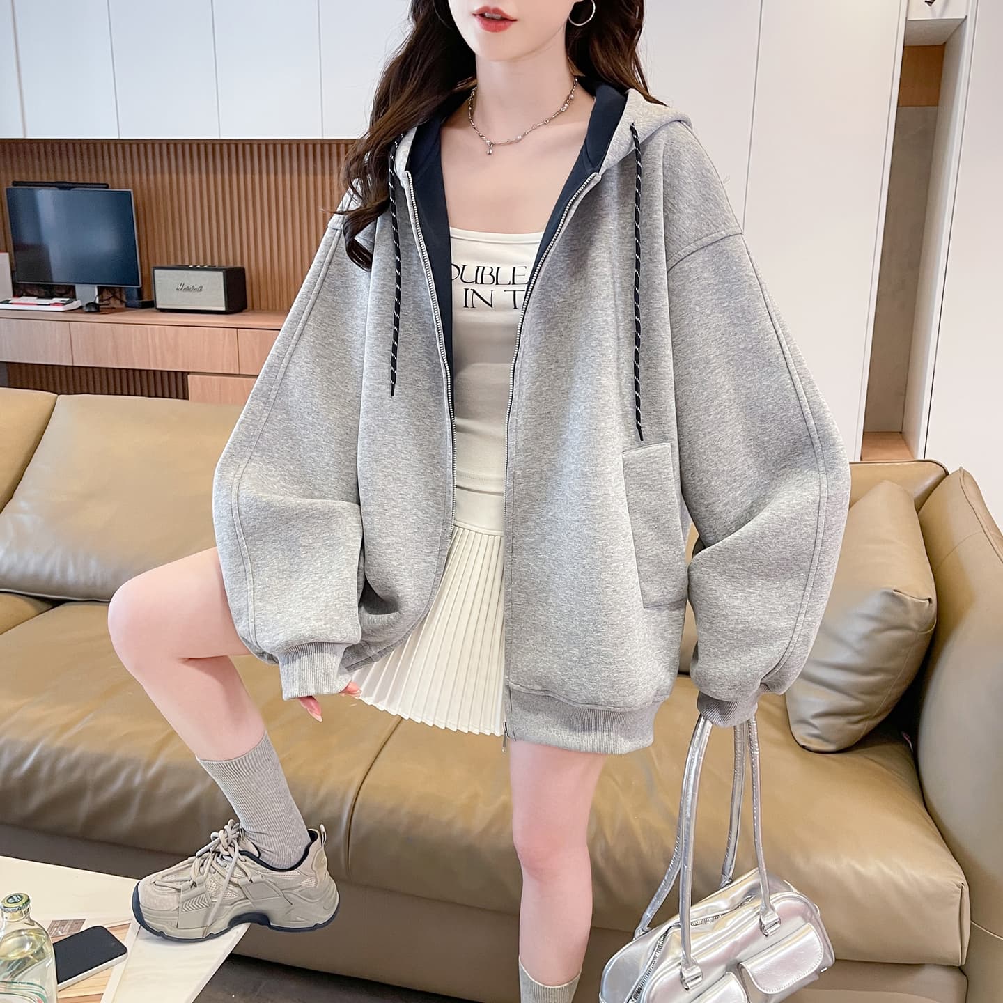 실사 한 남쪽 구멍 거리 한 부서 후드 오픈 가디건 가을 후드티 재킷 여성 긴 소매 루즈핏 맨위 이미지 3