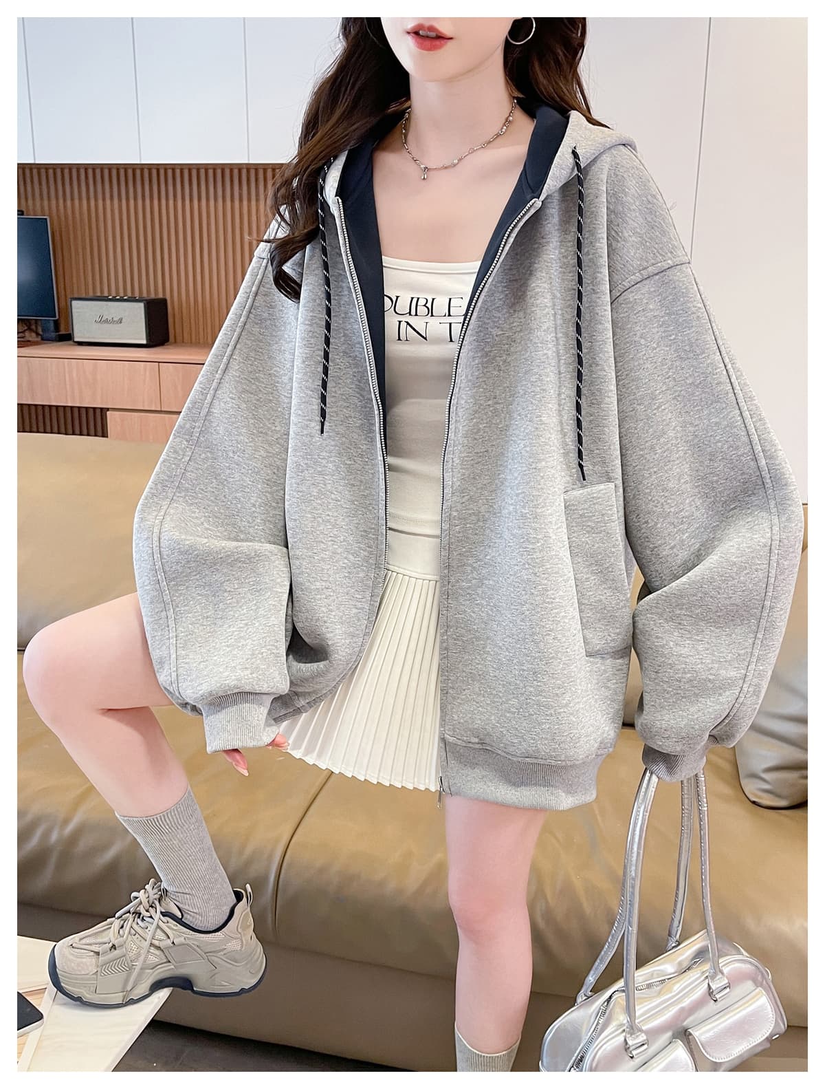 실사 한 남쪽 구멍 거리 한 부서 후드 오픈 가디건 가을 후드티 재킷 여성 긴 소매 루즈핏 맨위 상세 이미지 16