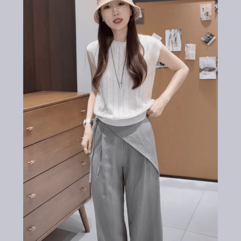 한 부서 품격 랩스커트팬츠 와이드 레깅스 바지 2026 봄 여름 새로운 하이웨이스트 디자인 센스 캐주얼 바닥 청소 바지 스트레이트 바지 이미지 4