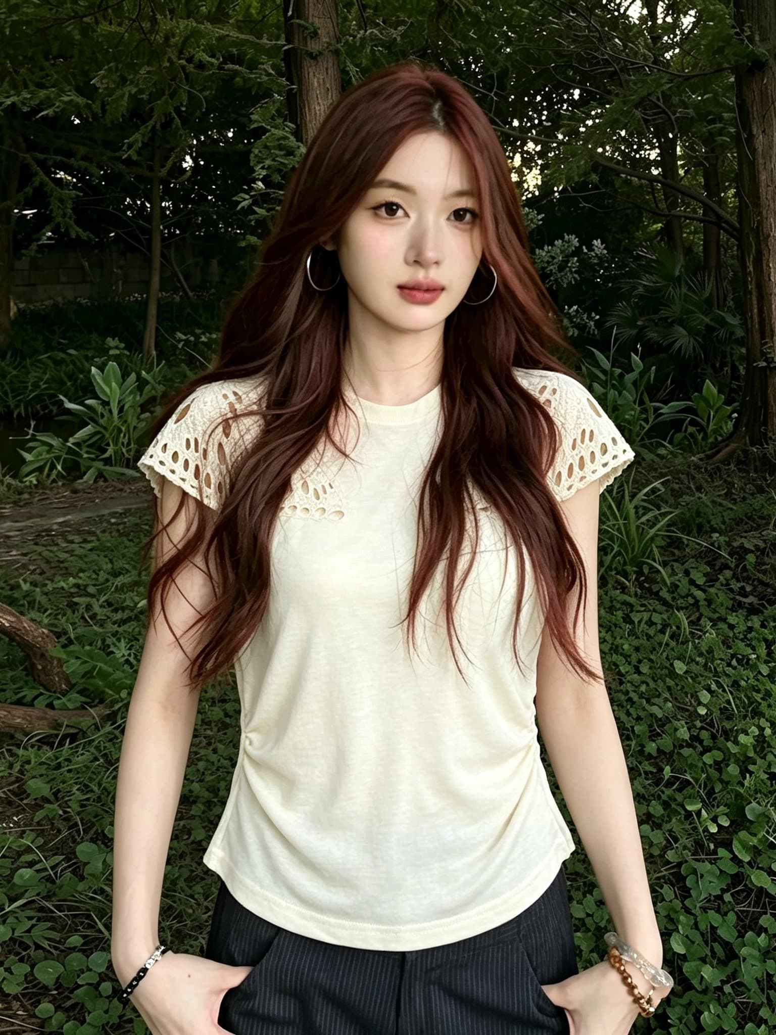 빛 럭셔리 바람 화이트 반팔 주름 허리 수축 반팔 티셔츠 레이스 홀로우 아웃 라운드 넥 몸매 가꾸기 슬림해 보이는 부드러운 바람 맨위 상세 이미지 5