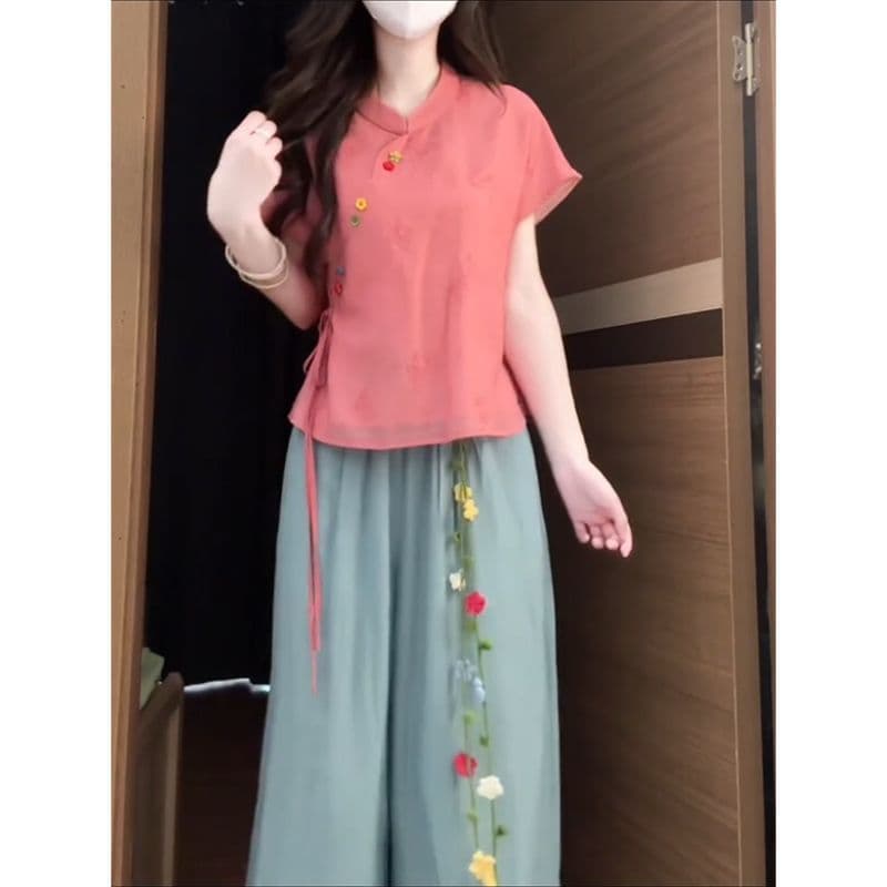 레트로 국풍 새로운 중식 세트 여성 2026 여름 새로운 개선 치파오 맨위 꽃잎 와이드 레그 팬츠 투피스 세트 이미지 2