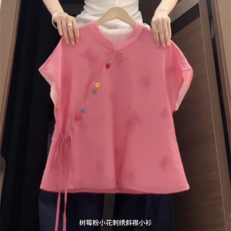 레트로 국풍 새로운 중식 세트 여성 2026 여름 새로운 개선 치파오 맨위 꽃잎 와이드 레그 팬츠 투피스 세트 상세 이미지 1