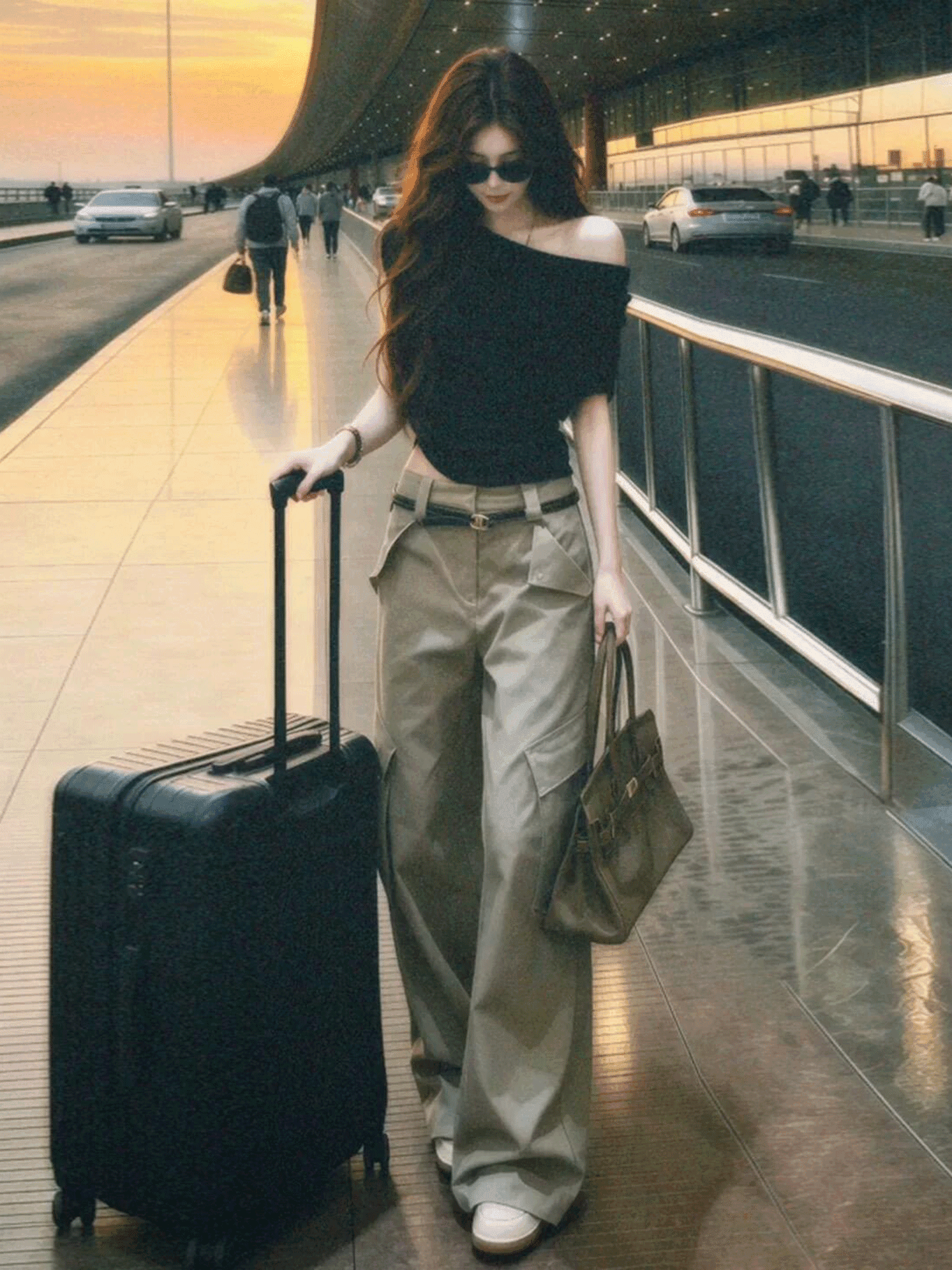 자이언트 잘 생긴 ~ 중 여름 드레스 전체 집합 항구 바람 레트로 캐주얼 운동 바람 비스듬한 어깨 반팔 워크웨어 와이드 레그 팬츠 세트 여성 상세 이미지 3