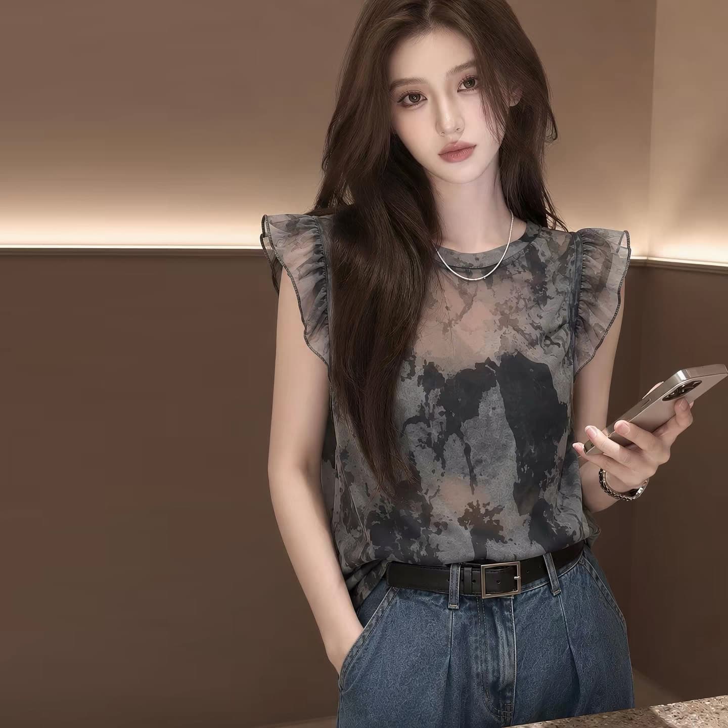 고급 센스 얇고 가벼운 수묵화 프린트 Feifei 소매 티셔츠 2026 여름 우아함 연령 감소 다용도 라운드 넥 슬림해 보이는 맨위 상세 이미지 2