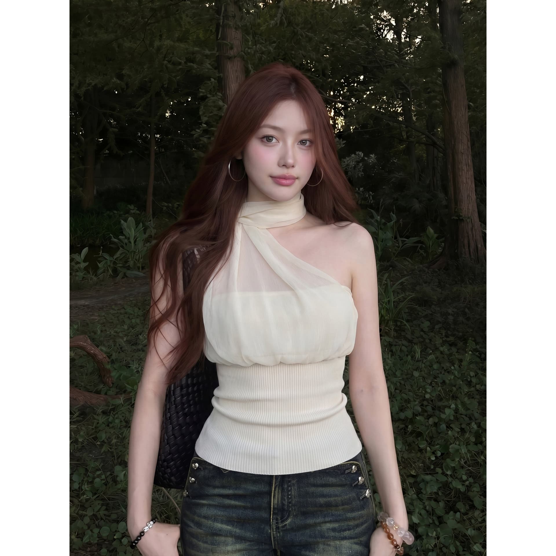 한 부서 부드러운 리본 행침 목 슬립 여성 주름 망사 패치워크 구덩이 기사 슬림해 보이는 타이트 순수한 욕망 바람 짧은 맨위 이미지 5
