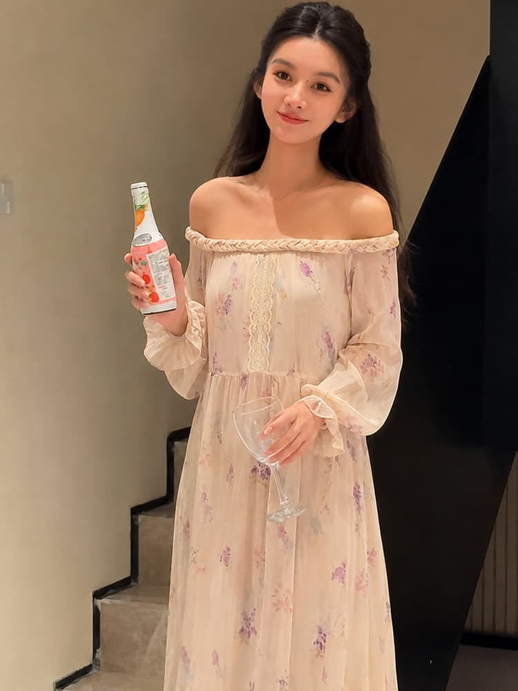 프랑스식 라운드 넥 망사 패치워크 나팔 소매 여성 드레스 2026 여름 새로운 몸매 가꾸기 하이웨이스트 슬림해 보이는 길다 치마 상세 이미지 1