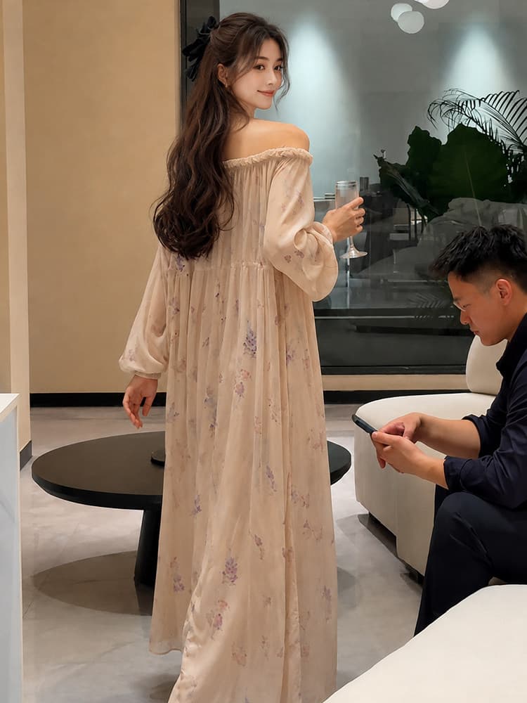 프랑스식 라운드 넥 망사 패치워크 나팔 소매 여성 드레스 2026 여름 새로운 몸매 가꾸기 하이웨이스트 슬림해 보이는 길다 치마 이미지 3