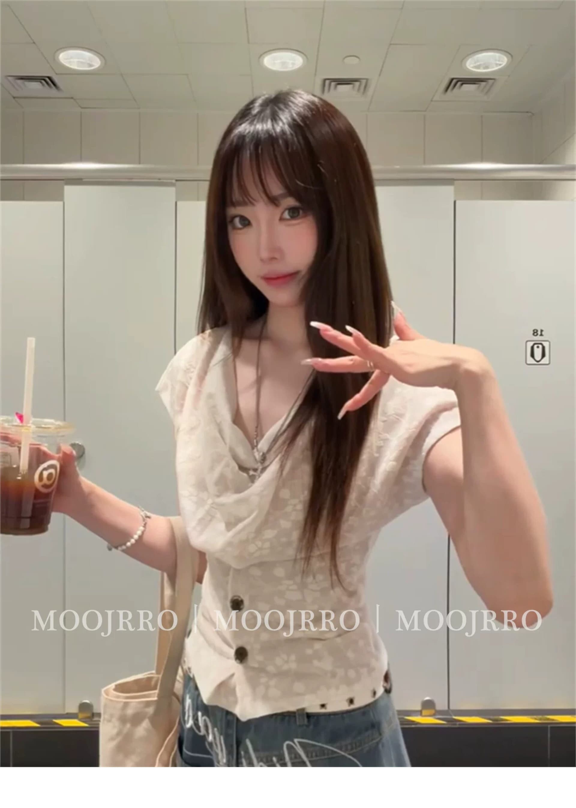 프랑스식 핫걸 자카드 흔들다 칼라 긍정적 인 어깨 반팔 티셔츠 여성 여름 고유 한 디자인 센스 작은 대중 허리 수축 슬림해 보이는 맨위 이미지 3