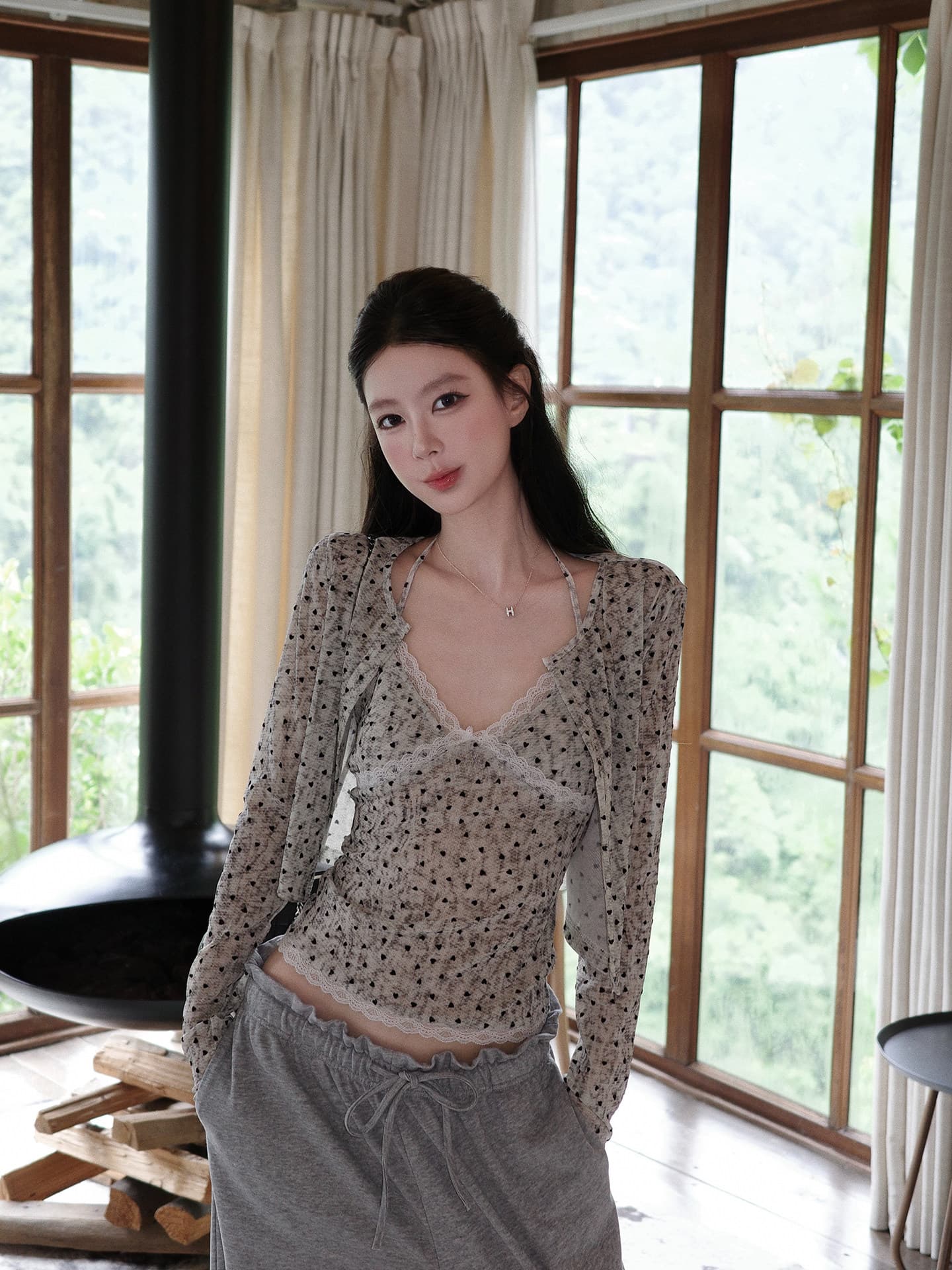 2026 새로운 홀치기 염색 프린트 레이스 측면 V넥 슬립 긴팔 오픈 가디건 가을 세트 상세 이미지 4