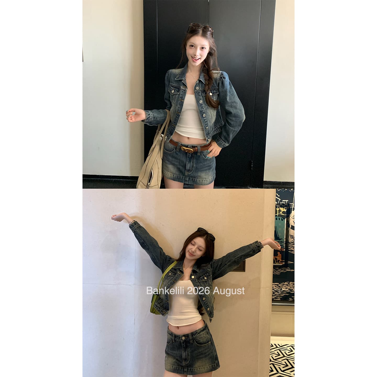 밤나무 코코아 bankelili vtg 황야 단 닝 워싱 블루 쇼트 스타일 데님 재킷 치마바지 세트 여성 이미지 2
