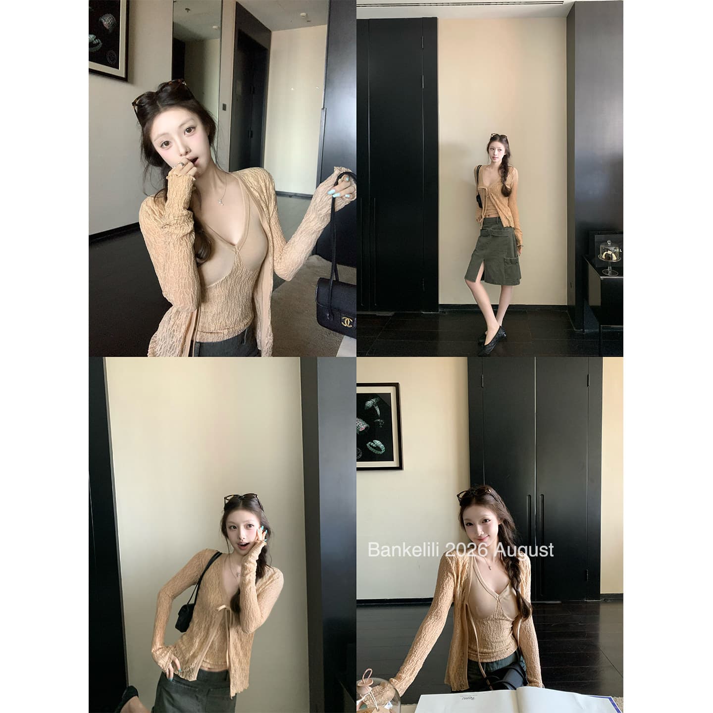 밤나무 코코아 bankelili 천 새싹 달콤한 차 81 주간 실크 14 양모 레이스 레이스업 오픈 가디건 슬립 세트 그룹 이미지 3
