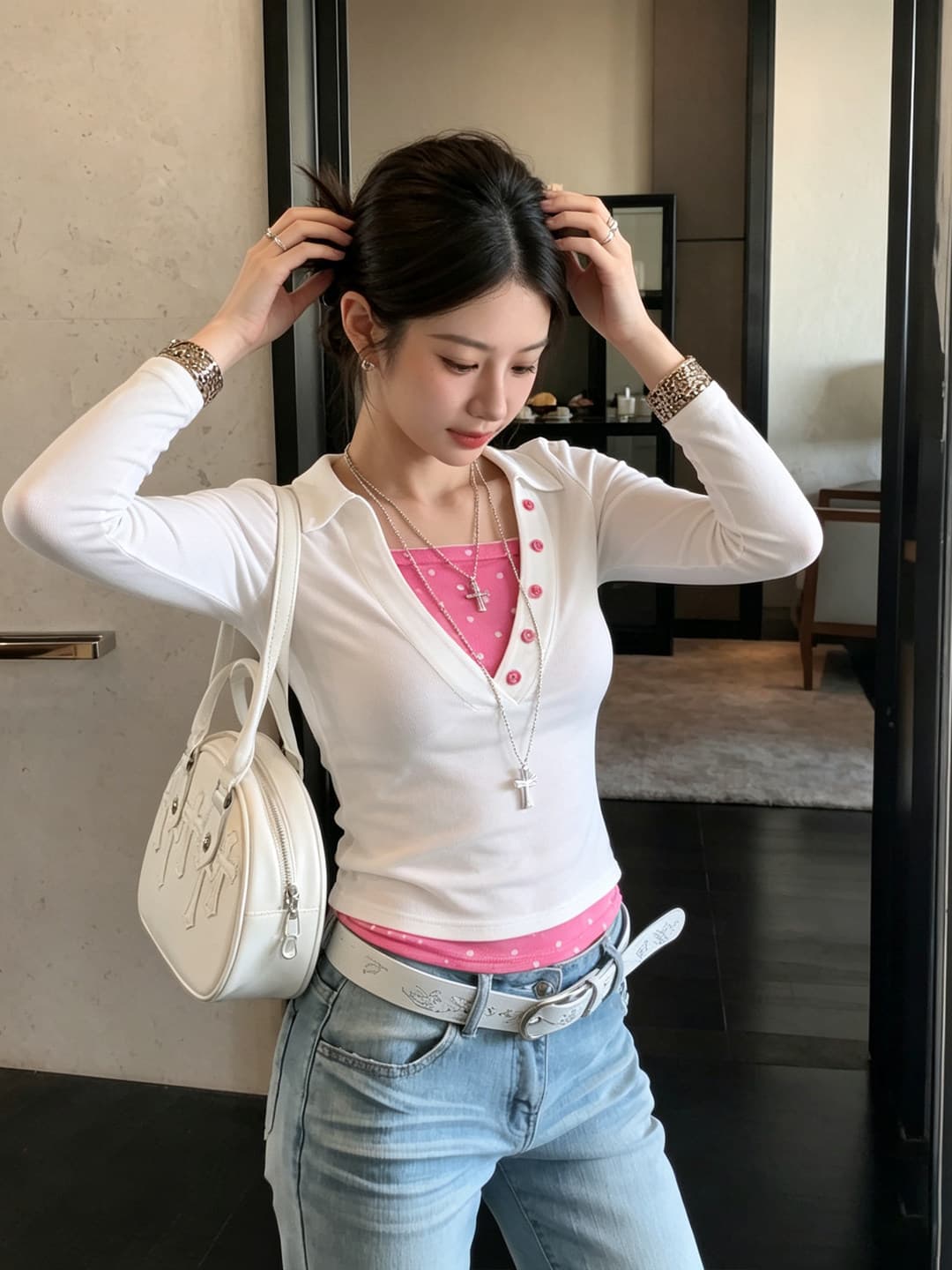 아메리칸 폴로 칼라 헨리 버클 V넥 도트 무늬 화이트 긴팔 티셔츠 여성 이른 가을 몸매 가꾸기 슬림해 보이는 인사이드 가져 가라. 기본 셔츠 맨위 상세 이미지 7