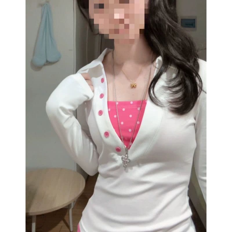 아메리칸 폴로 칼라 헨리 버클 V넥 도트 무늬 화이트 긴팔 티셔츠 여성 이른 가을 몸매 가꾸기 슬림해 보이는 인사이드 가져 가라. 기본 셔츠 맨위 상세 이미지 1