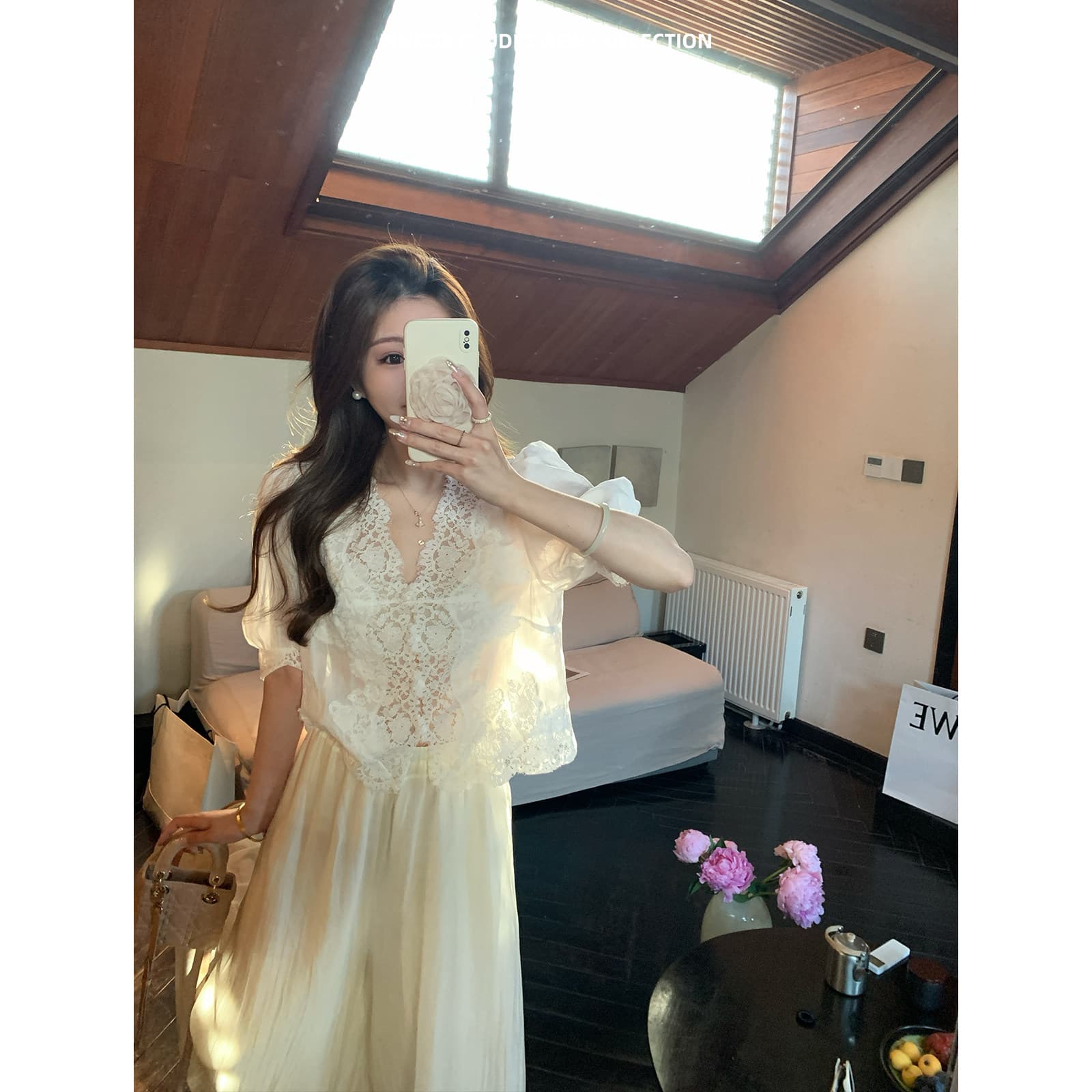 mukok 프랑스식 화이트 라미 V넥 거품 소매 레이스 셔츠 여성 여름 새로운 달콤함 연령 감소 셔츠 이미지 3