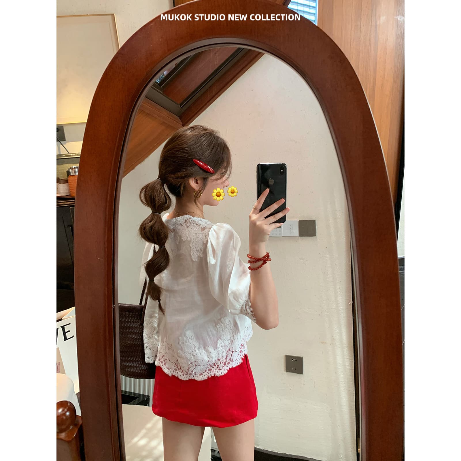 mukok 프랑스식 화이트 라미 V넥 거품 소매 레이스 셔츠 여성 여름 새로운 달콤함 연령 감소 셔츠 상세 이미지 2