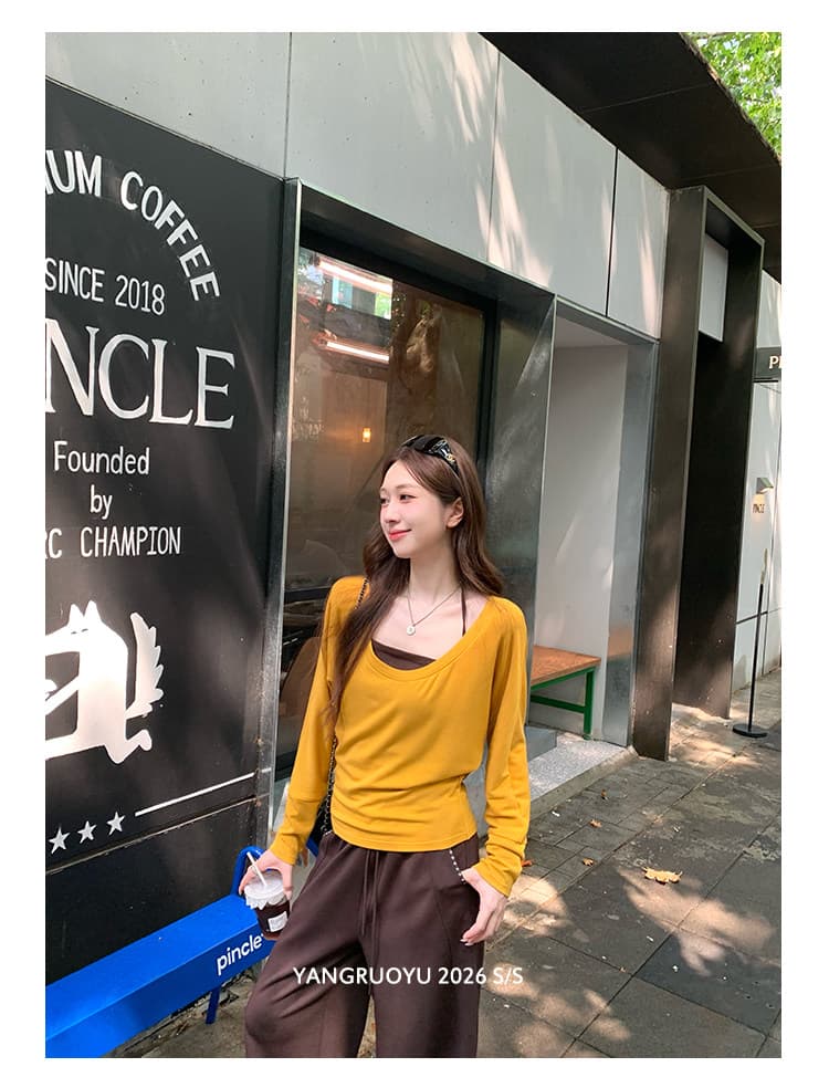 양 양 yangruoyu 8 24 수준 스택 착용 라이 경기 서울 니트 티셔츠 오프숄더 행침 목 니트 세트 상세 이미지 2