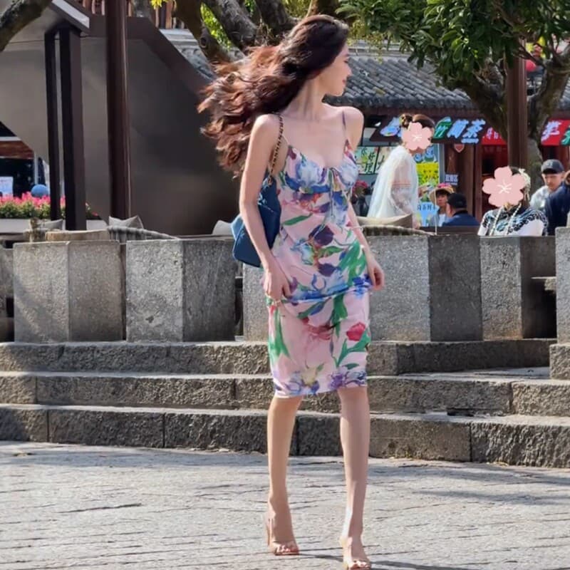 휴가 바람 품격 유화 꽃무늬 슬립 드레스 2026 여름 새로운 섹시함 V넥 허리 수축 치마 상세 이미지 7