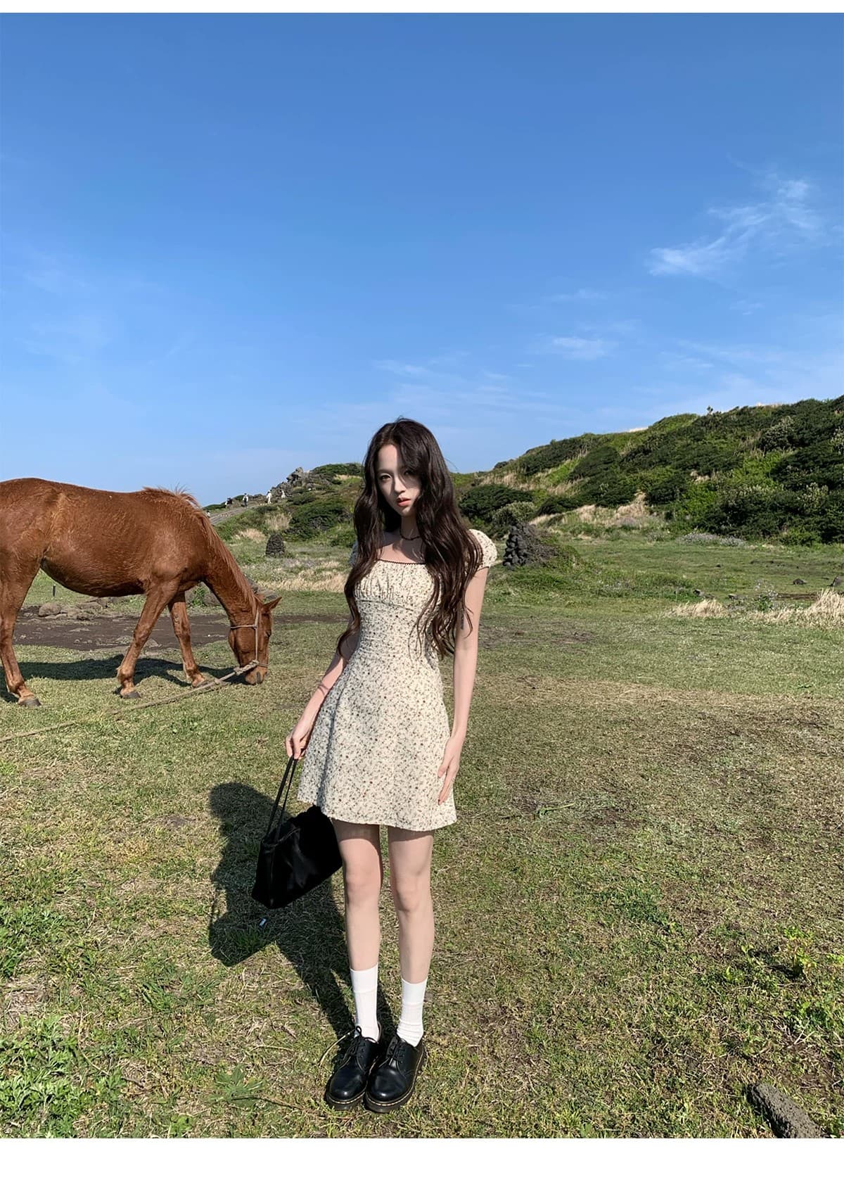 전원 바람 꽃무늬 쌀 색상 시스템 광장 칼라 허리 수축 여성 드레스 여름 프랑스식 부드러운 반팔 미니 스커트 상세 이미지 4