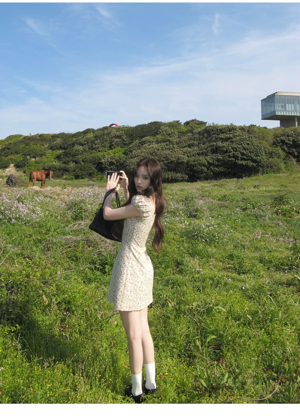 전원 바람 꽃무늬 쌀 색상 시스템 광장 칼라 허리 수축 여성 드레스 여름 프랑스식 부드러운 반팔 미니 스커트 상세 이미지 5