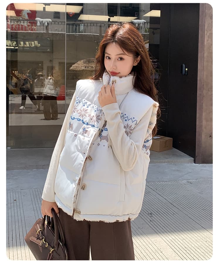 공정한 섬 양면 착용 양털 조끼 여자 외출용 겨울 두꺼운 보온 조끼 플리스 스탠드 칼라 면 의류 재킷 상세 이미지 14