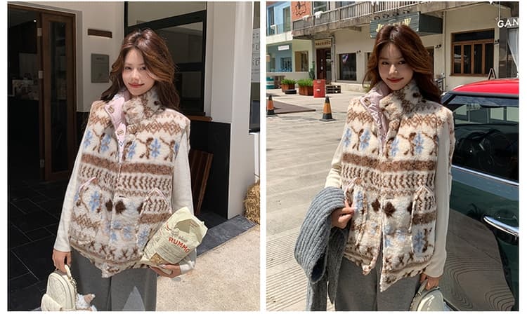 공정한 섬 양면 착용 양털 조끼 여자 외출용 겨울 두꺼운 보온 조끼 플리스 스탠드 칼라 면 의류 재킷 상세 이미지 26