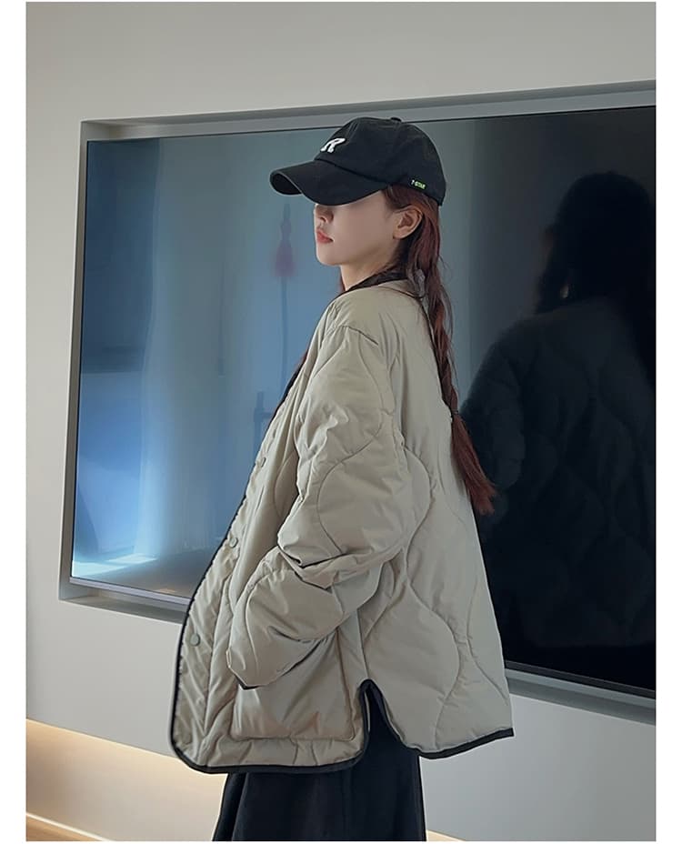 실사 작은 샤넬 스타일 패치워크 없음 칼라 링 그리드 아래 면화 의류 여성 겨울 슈퍼 잘 생긴 쇼트 스타일 라운드 넥 면 옷 재킷 상세 이미지 22