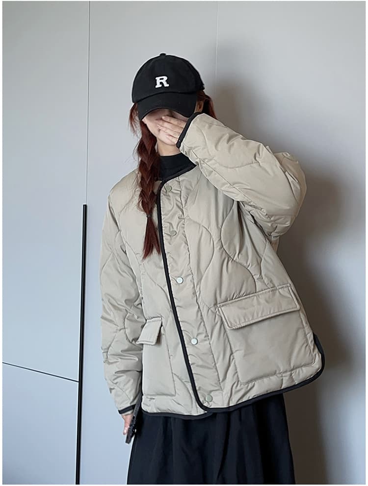 실사 작은 샤넬 스타일 패치워크 없음 칼라 링 그리드 아래 면화 의류 여성 겨울 슈퍼 잘 생긴 쇼트 스타일 라운드 넥 면 옷 재킷 상세 이미지 25