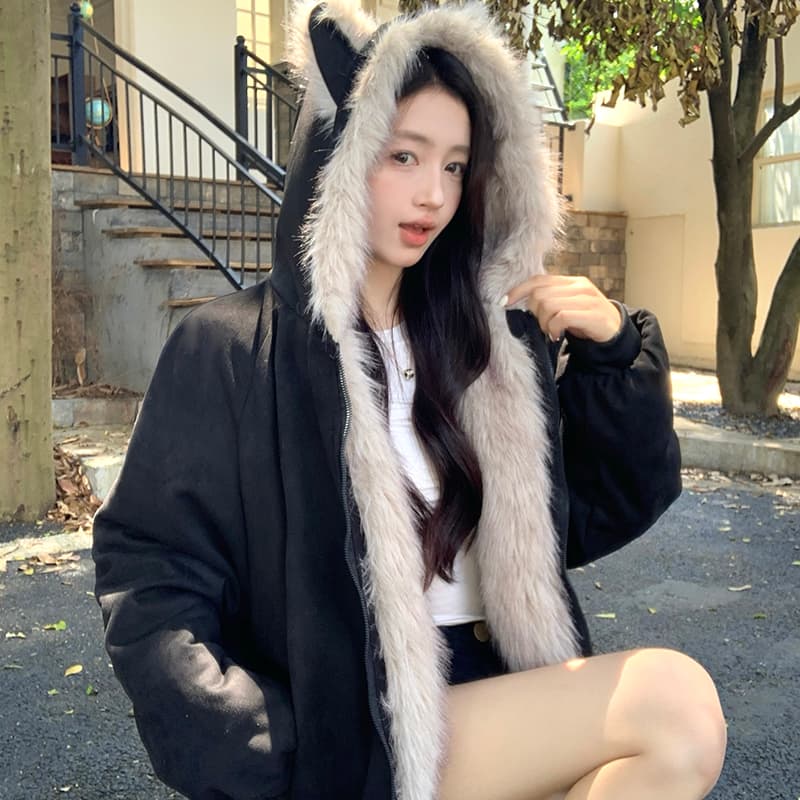 실사 사슴 캐시미어 Parker 서비스 쇼트 스타일 아래 면화 의류 모방 토끼털 큰 모피 칼라 후드 면 옷 재킷 아메리칸 레트로 이미지 3