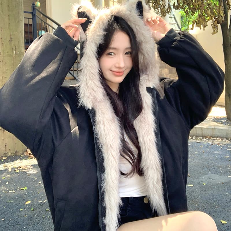 실사 사슴 캐시미어 Parker 서비스 쇼트 스타일 아래 면화 의류 모방 토끼털 큰 모피 칼라 후드 면 옷 재킷 아메리칸 레트로 상세 이미지 17