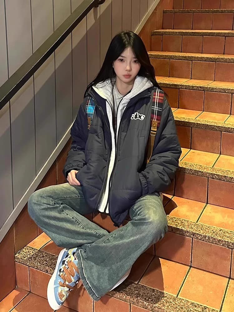 2026 페이크 레이어드 면 의류 여성 겨울 새로운 학생 작은 키 쇼트 스타일 목화 진딧물 아메리칸 야구 유니폼 면 옷 재킷 상세 이미지 7